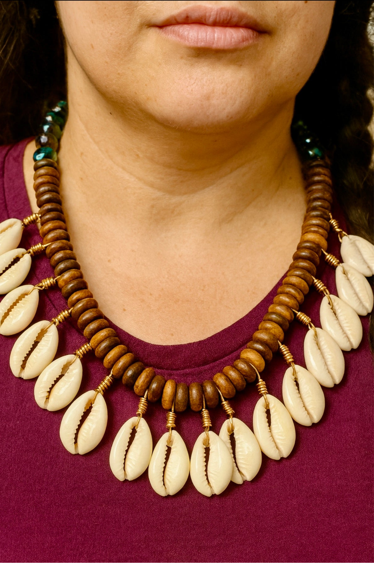 Cowrie Shell & Wood Beaded Tribal Necklace