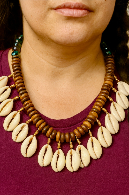 Cowrie Shell & Wood Beaded Tribal Necklace