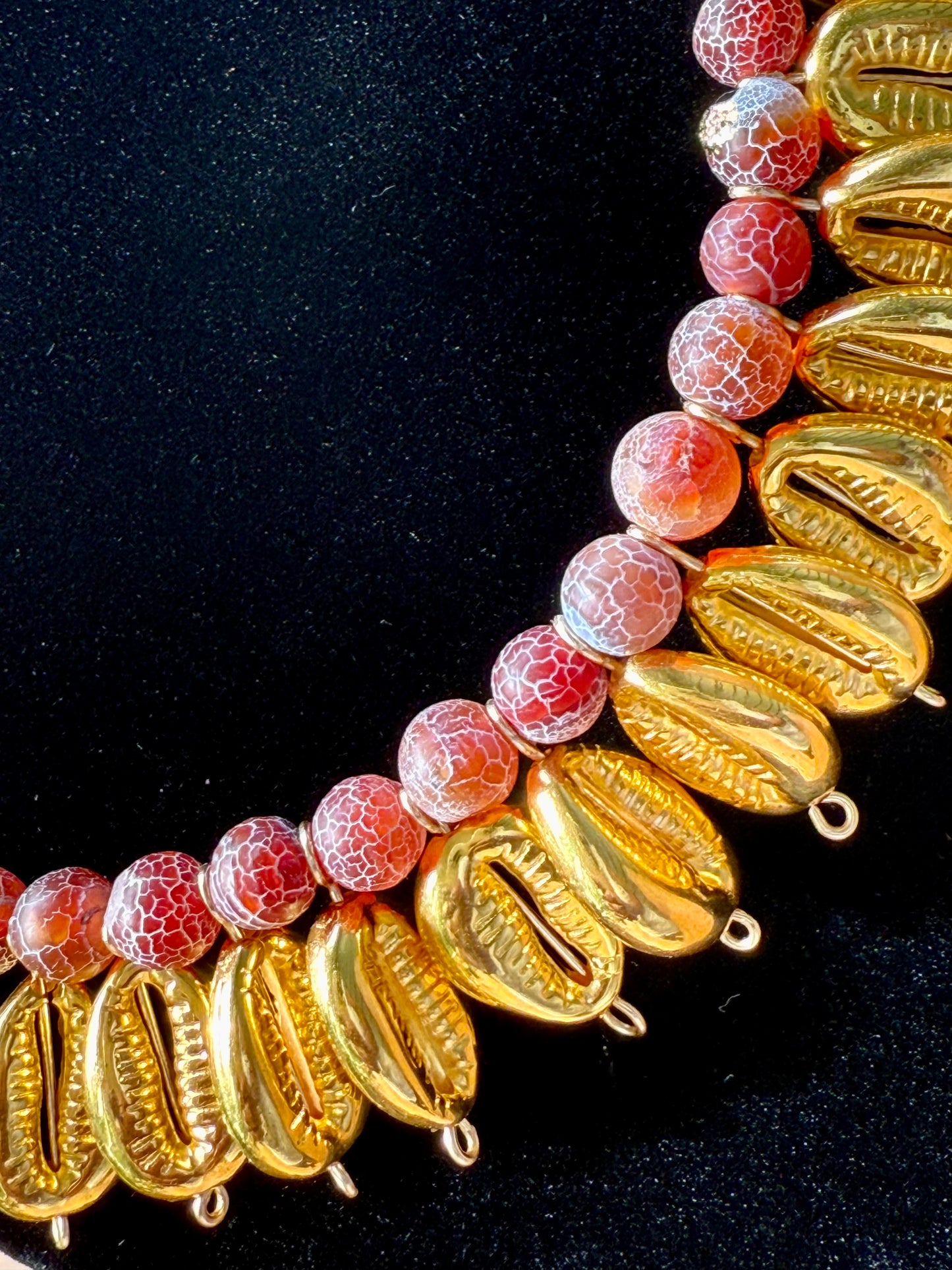 Golden Cowrie & Red Agate Beaded Necklace