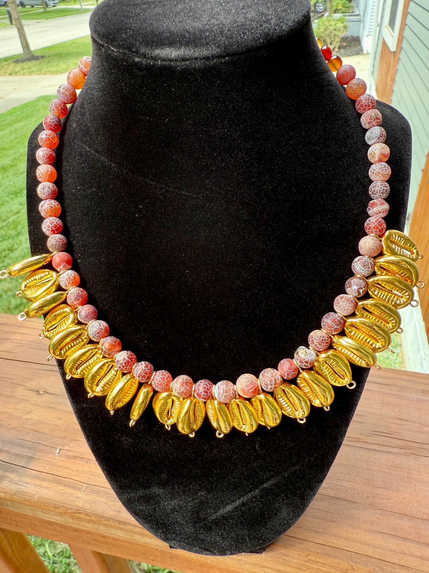 Golden Cowrie & Red Agate Beaded Necklace