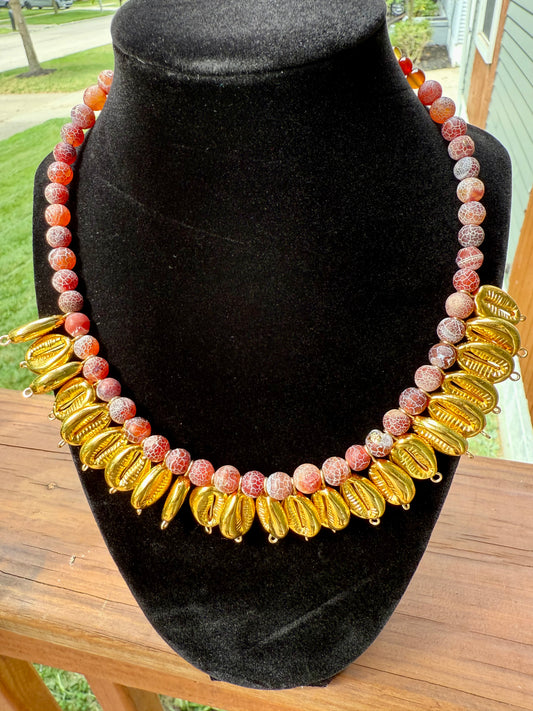 Golden Cowrie & Red Agate Beaded Necklace