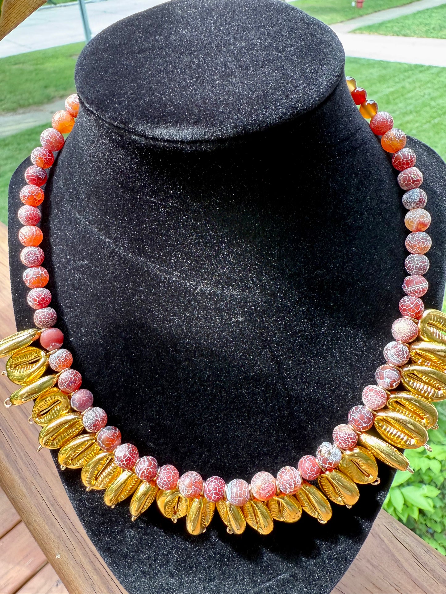 Golden Cowrie & Red Agate Beaded Necklace