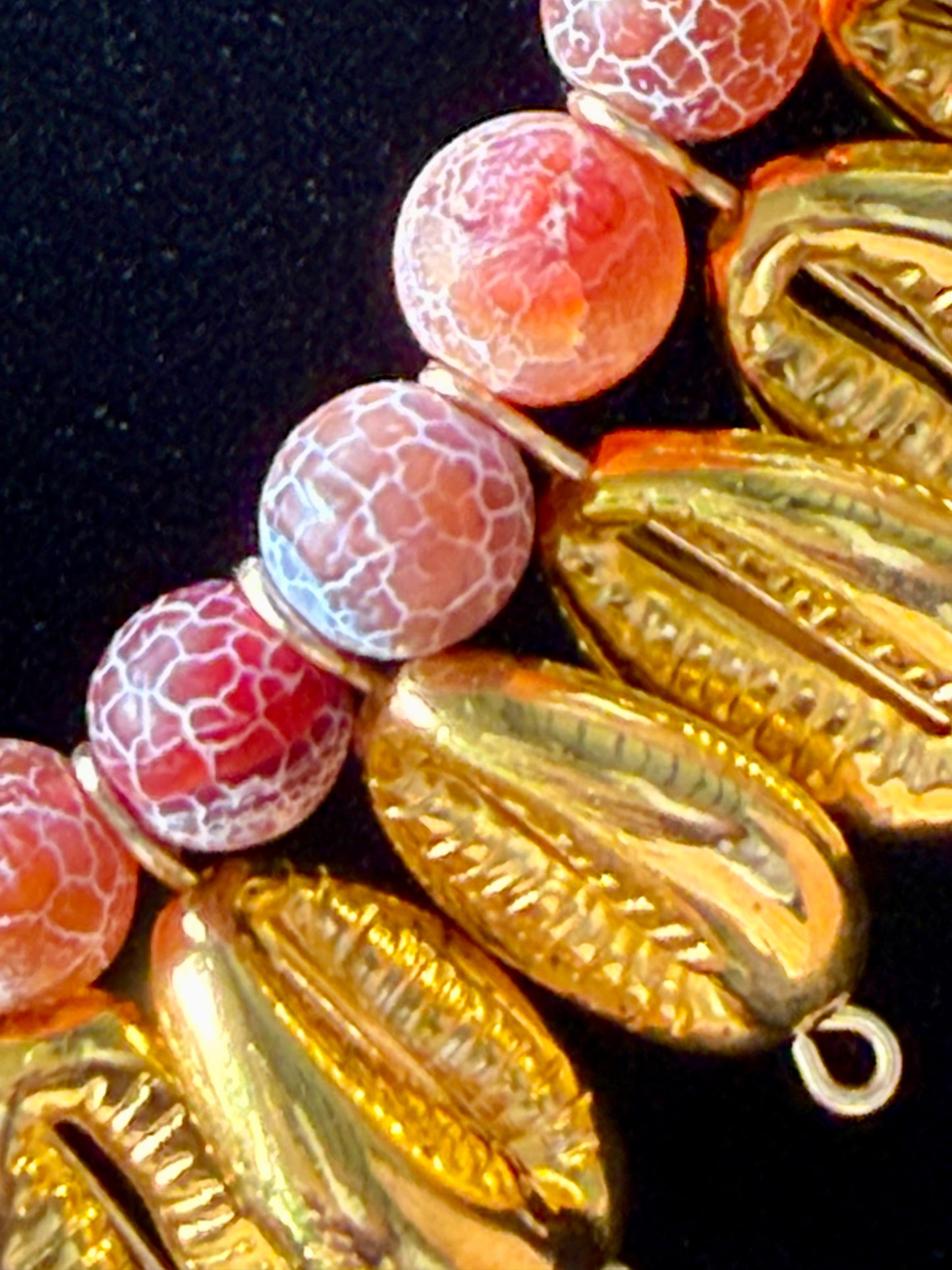 Golden Cowrie & Red Agate Beaded Necklace
