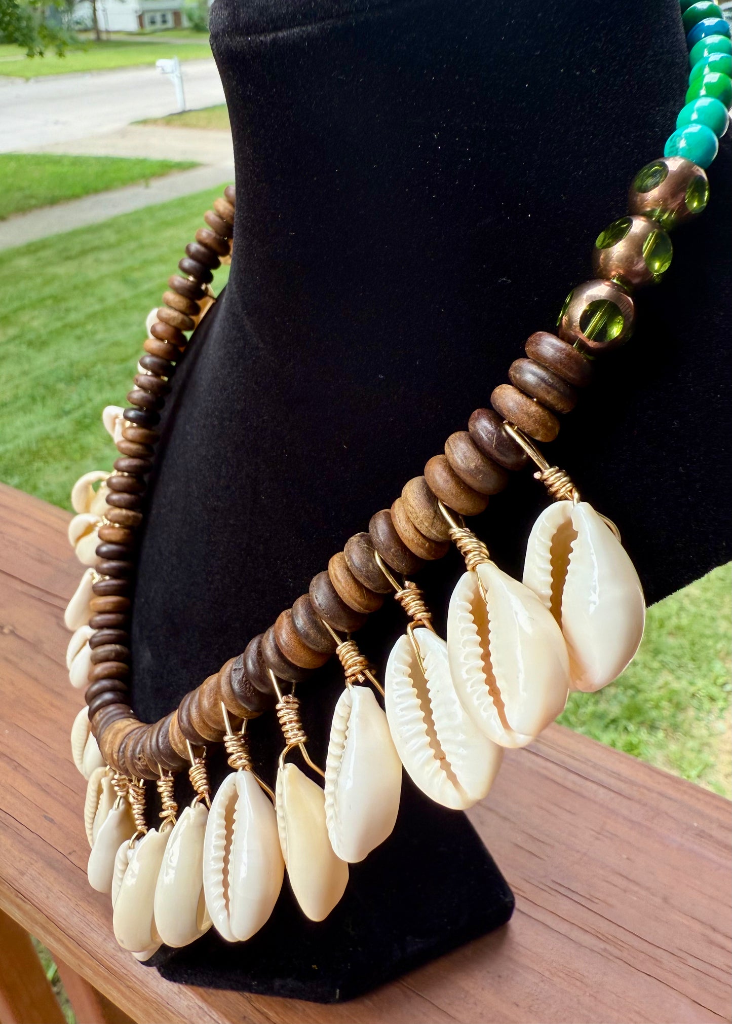 Cowrie Shell & Wood Beaded Tribal Necklace