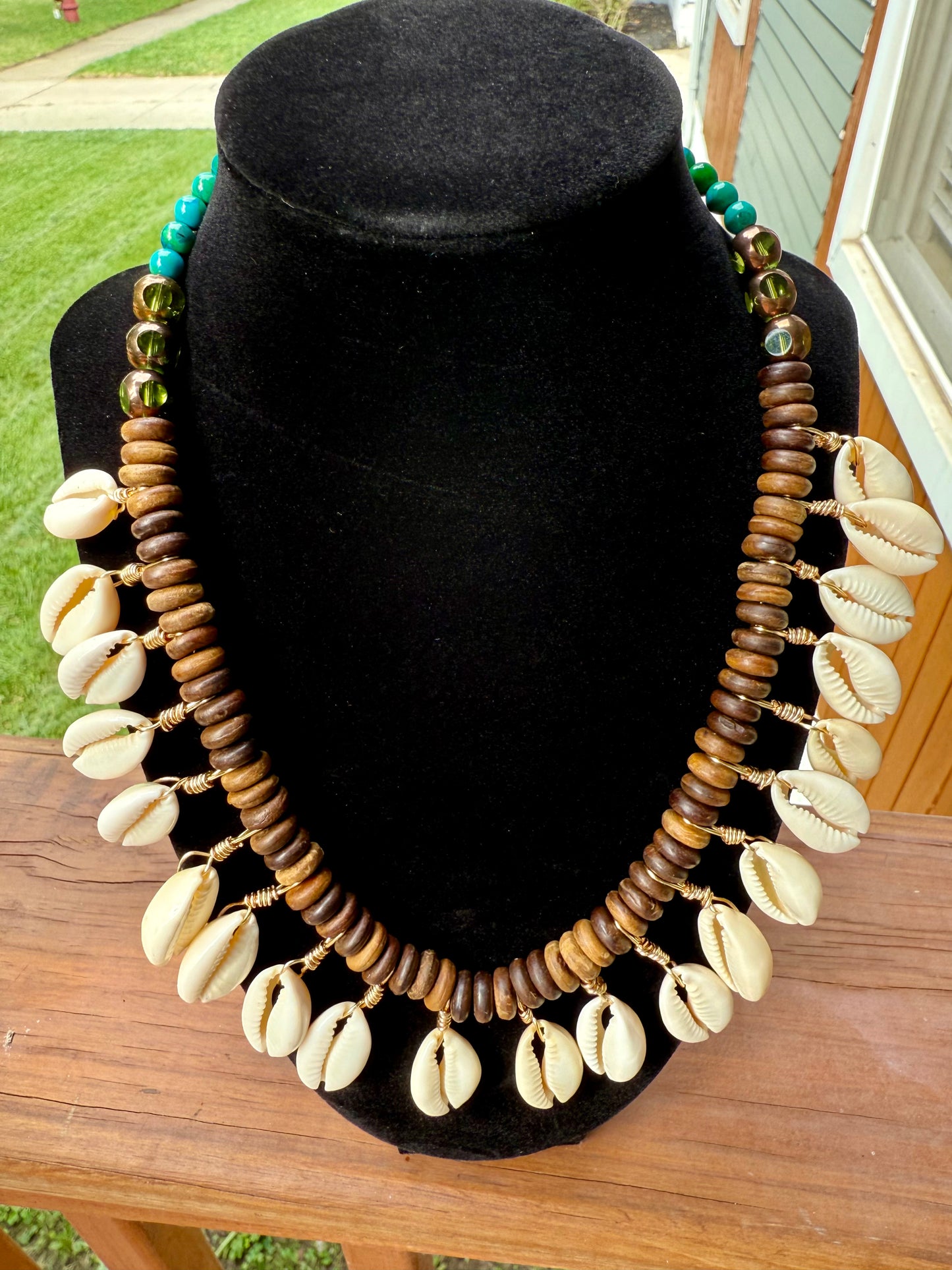 Cowrie Shell & Wood Beaded Tribal Necklace